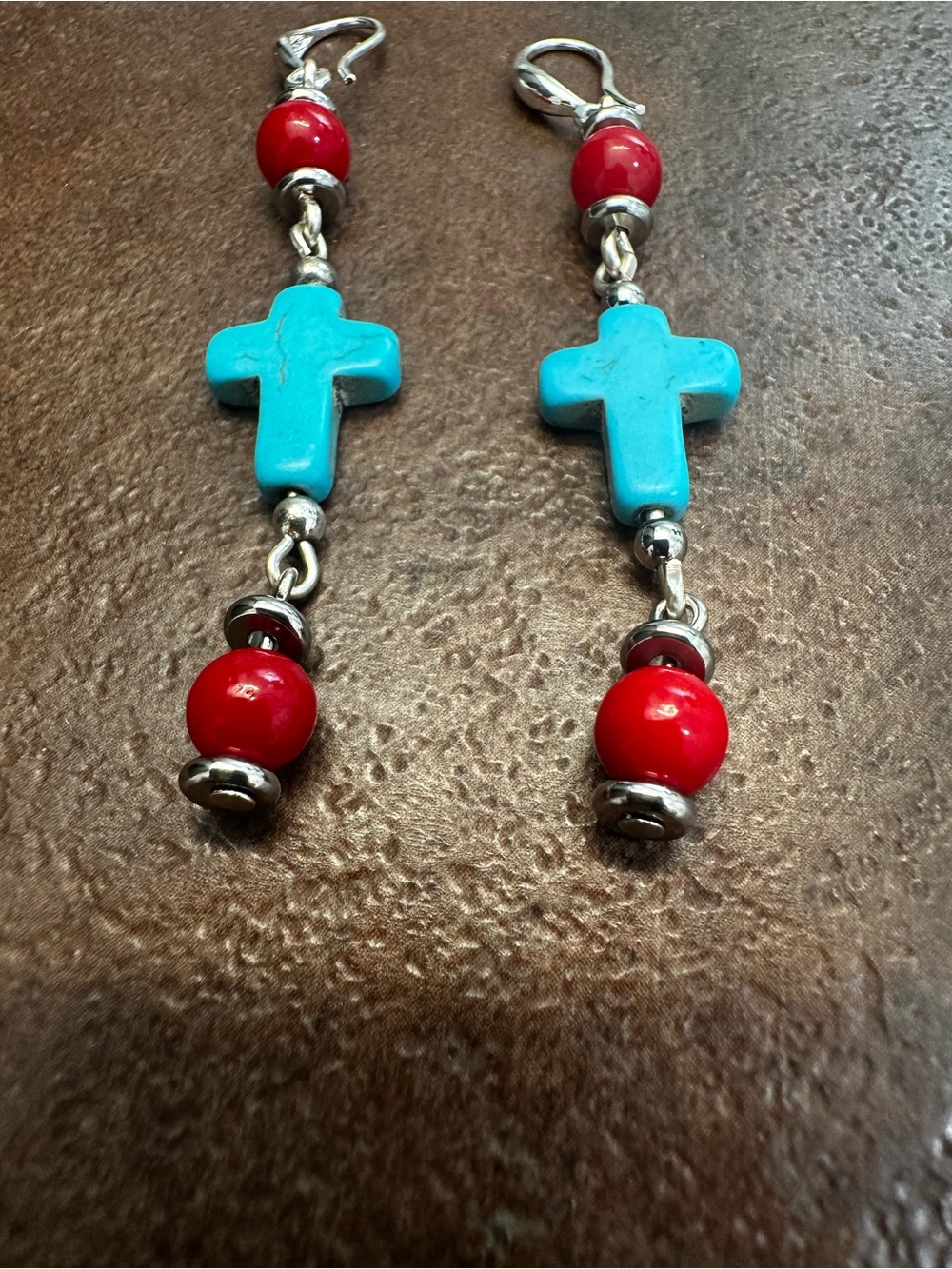 Turquoise Howlite Cross & Red Coral Bead Dangle Earrings
